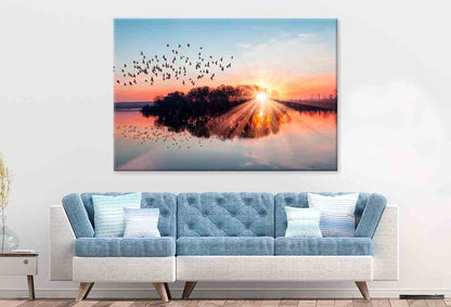 Birds Flying Above Lake at Sunset Wall Art Decor 100% Australian Made