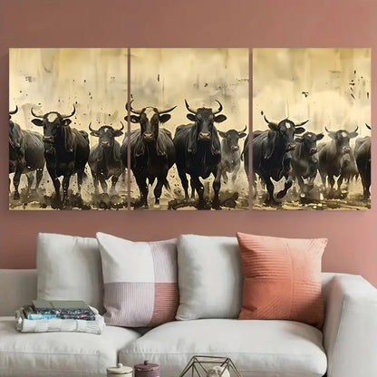 3pcs Vintage Cattle Stampede Animals Metal Print Ready to Hang Art