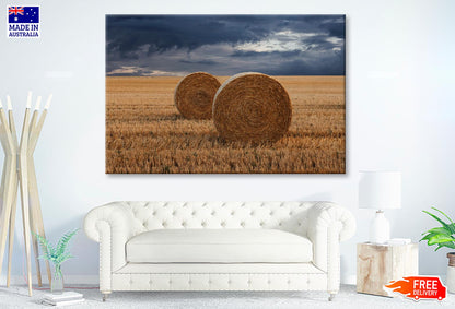 Straw Bales in A Field at Sunset View Wall Art Decor 100% Australian Made