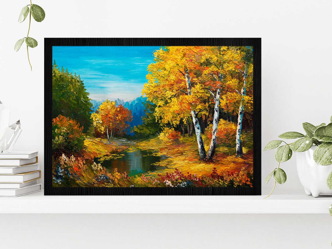 The River In Autumn Forest & Sunset Painting Glass Framed Wall Art, Ready to Hang Quality Print Without White Border Black