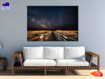 Wooden Bridge across a Meadow under a Starry Sky Print 100% Australian Made