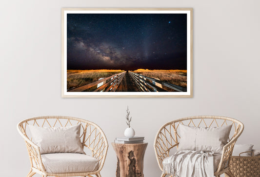 Wooden Bridge across a Meadow under a Starry Sky Home Decor Premium Quality Poster Print Choose Your Sizes