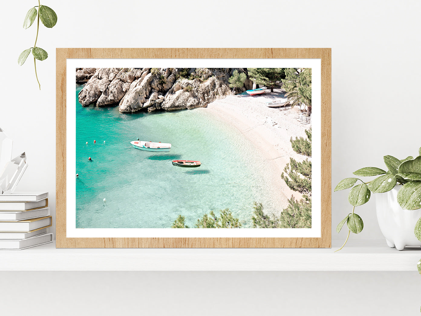 Boats on Sea & Rock Mountain Faded Photograph Glass Framed Wall Art, Ready to Hang Quality Print With White Border Oak