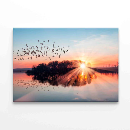 Birds Flying Above Lake at Sunset Wall Art Decor 100% Australian Made