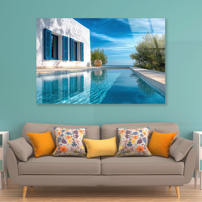 Swimming Pool with a House, Trees, Sky Acrylic Glass Print Tempered Glass Wall Art 100% Made in Australia Ready to Hang