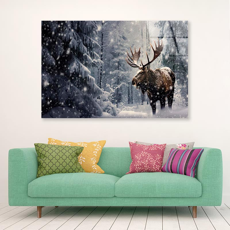 Moose In a Snow-Covered Forest  Acrylic Glass Print Tempered Glass Wall Art 100% Made in Australia Ready to Hang