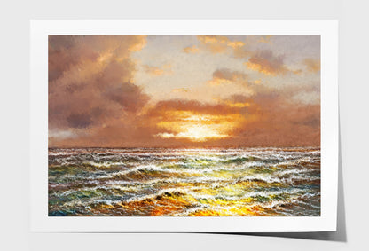 Waves on the Sea & Sunset Sky Oil Painting Wall Art Limited Edition High Quality Print Unframed Roll Canvas None