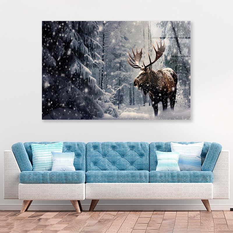 Moose In a Snow-Covered Forest  Acrylic Glass Print Tempered Glass Wall Art 100% Made in Australia Ready to Hang