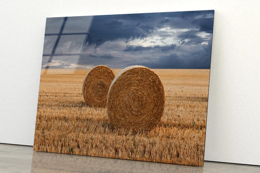 Straw Bales in A Field at Sunset View Acrylic Glass Print Tempered Glass Wall Art 100% Made in Australia Ready to Hang