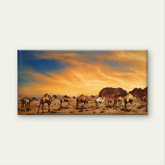 Desert Camel Caravan Sunset Dunes Landscape Wall Art Canvas Office Home Framed 120x60cm