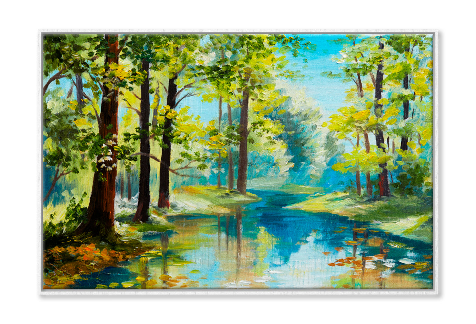 River In The Forest, Summer Day Oil Painting Wall Art Limited Edition High Quality Print Canvas Box Framed White