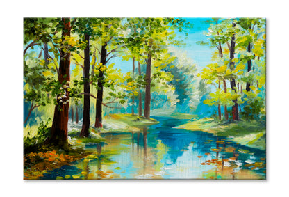 River In The Forest, Summer Day Oil Painting Wall Art Limited Edition High Quality Print Stretched Canvas None