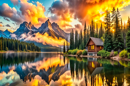 Golden Hour Sky Lake Wooden House Wall Art Decor 100% Australian Made