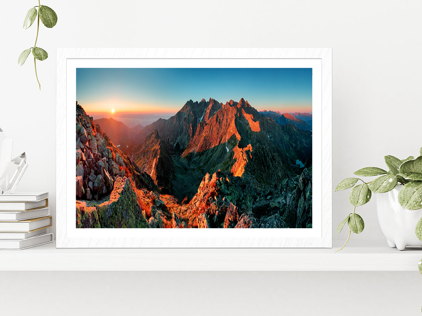 Mountain Sunset From Peak Glass Framed Wall Art, Ready to Hang Quality Print With White Border White