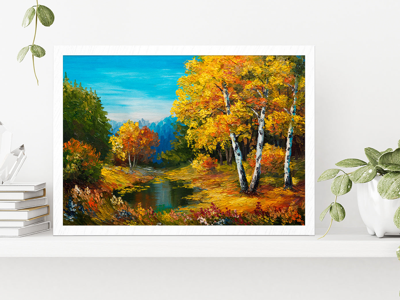 The River In Autumn Forest & Sunset Painting Glass Framed Wall Art, Ready to Hang Quality Print Without White Border White