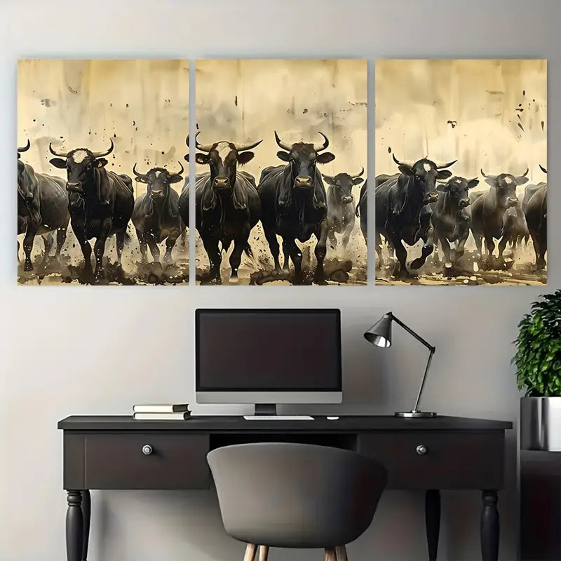 3pcs Vintage Cattle Stampede Animals Metal Print Ready to Hang Art