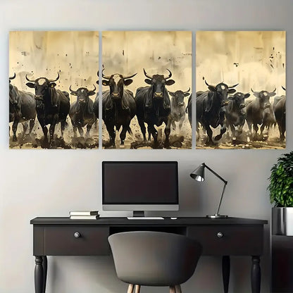 3pcs Vintage Cattle Stampede Animals Metal Print Ready to Hang Art