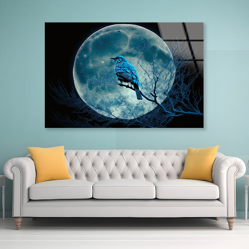 Bird, the Moon, and a Blue Night Acrylic Glass Print Tempered Glass Wall Art 100% Made in Australia Ready to Hang