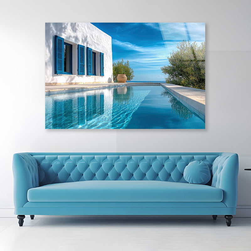 Swimming Pool with a House, Trees, Sky Acrylic Glass Print Tempered Glass Wall Art 100% Made in Australia Ready to Hang