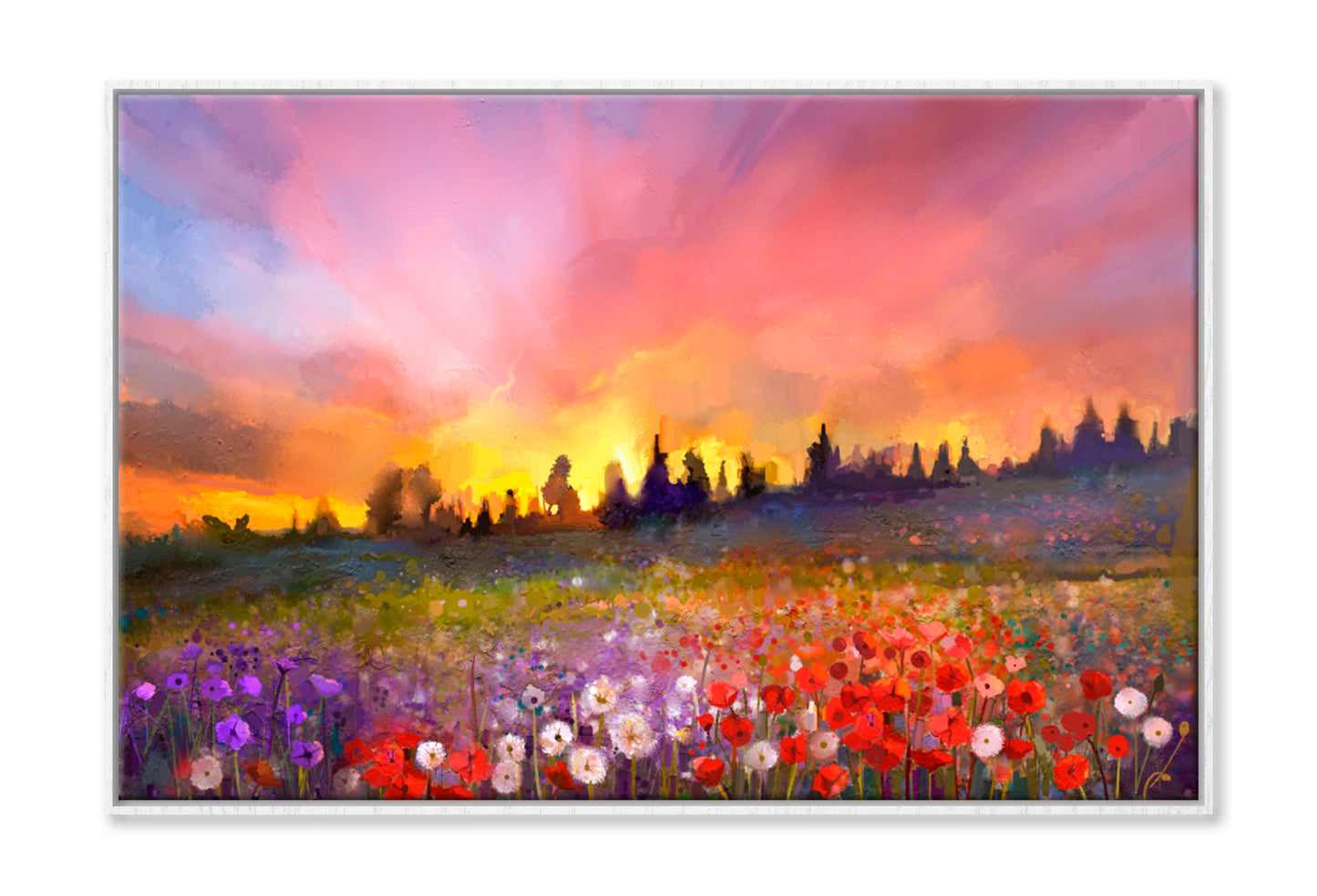 Daisy Flowers In Fields, Sunset Meadow Oil Painting Wall Art Limited Edition High Quality Print Canvas Box Framed White