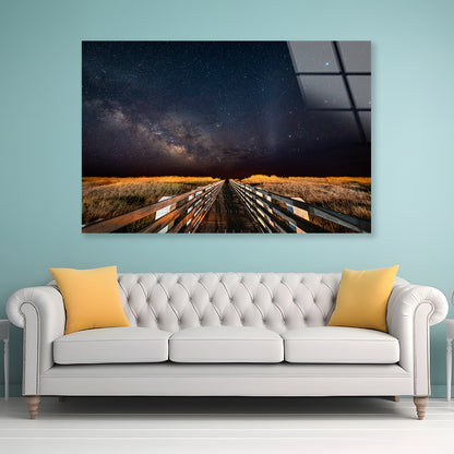 Wooden Bridge across a Meadow under a Starry Sky Acrylic Glass Print Tempered Glass Wall Art 100% Made in Australia Ready to Hang