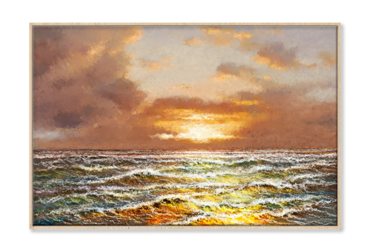 Waves on the Sea & Sunset Sky Oil Painting Wall Art Limited Edition High Quality Print Canvas Box Framed Natural