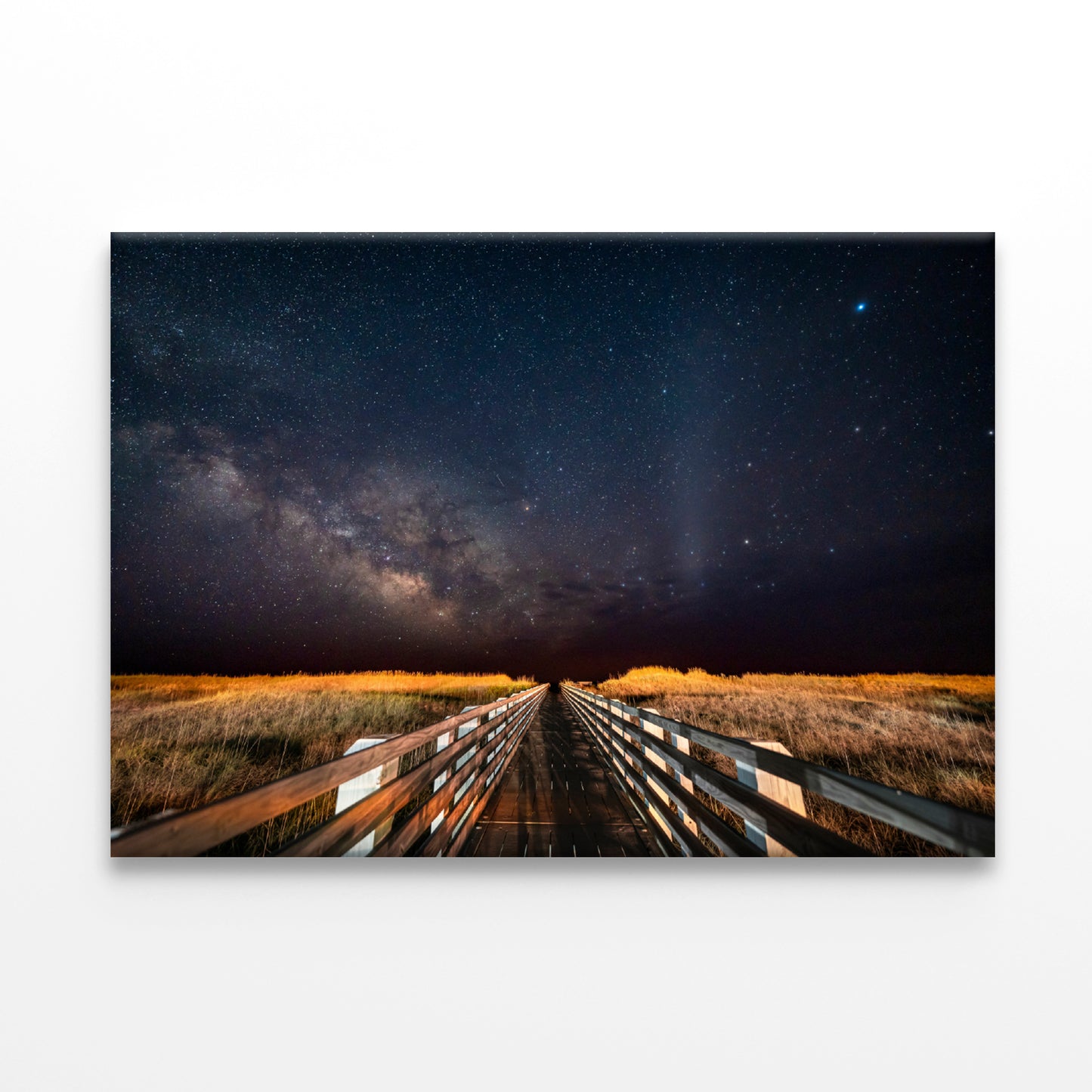 Wooden Bridge across a Meadow under a Starry Sky Print 100% Australian Made