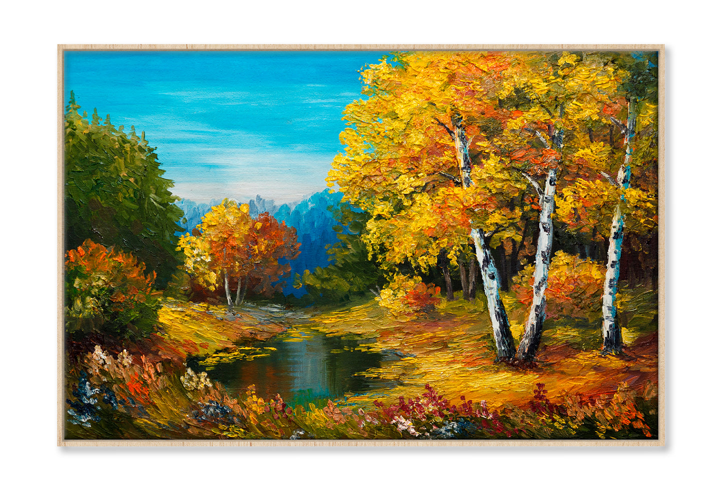 Autumn Forest With A Lake Painting Wall Art Limited Edition High Quality Print Canvas Box Framed Natural