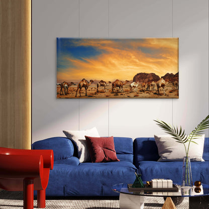 Desert Camel Caravan Sunset Dunes Landscape Wall Art Canvas Office Home Framed 120x60cm - Bella Home Decor
