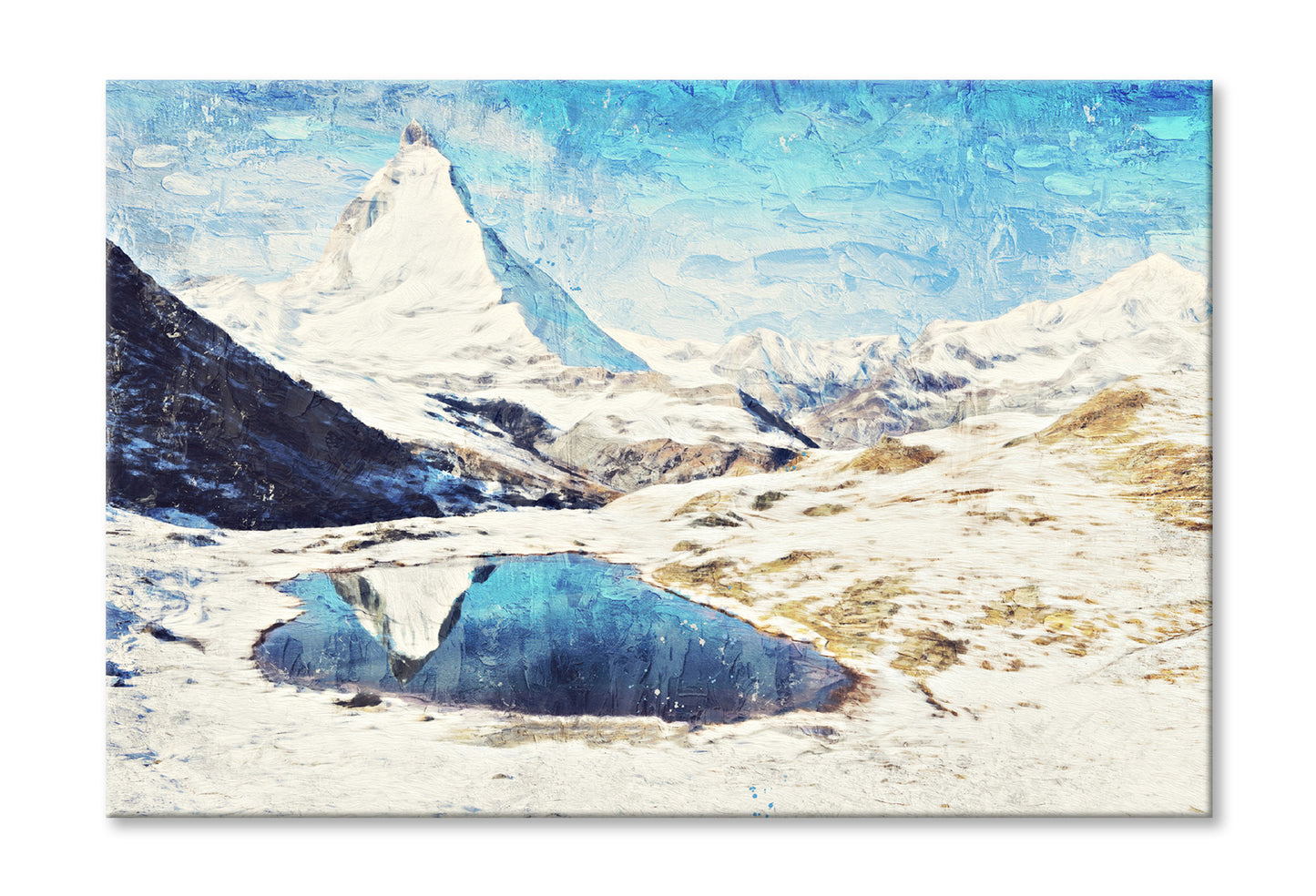 Matterhorn Mountain & Lake Winter Oil Painting Wall Art Limited Edition High Quality Print Stretched Canvas None