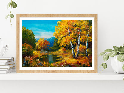 The River In Autumn Forest & Sunset Painting Glass Framed Wall Art, Ready to Hang Quality Print With White Border Oak