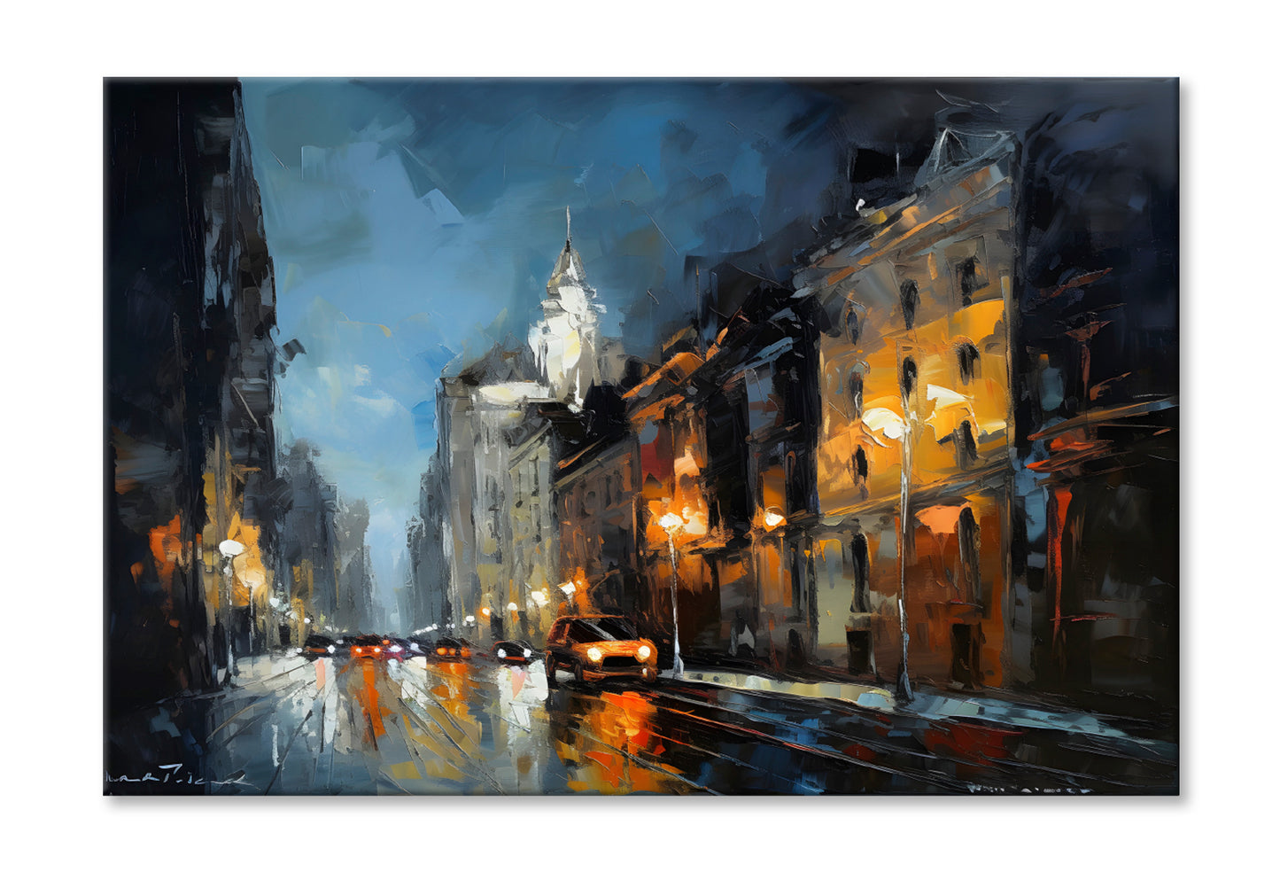 City Night Road with Vehicle Oil Painting Wall Art Limited Edition High Quality Print Stretched Canvas None