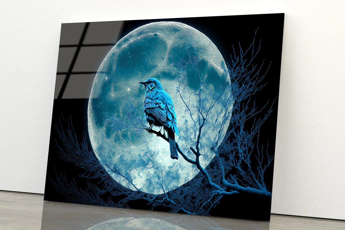 Bird, the Moon, and a Blue Night Acrylic Glass Print Tempered Glass Wall Art 100% Made in Australia Ready to Hang