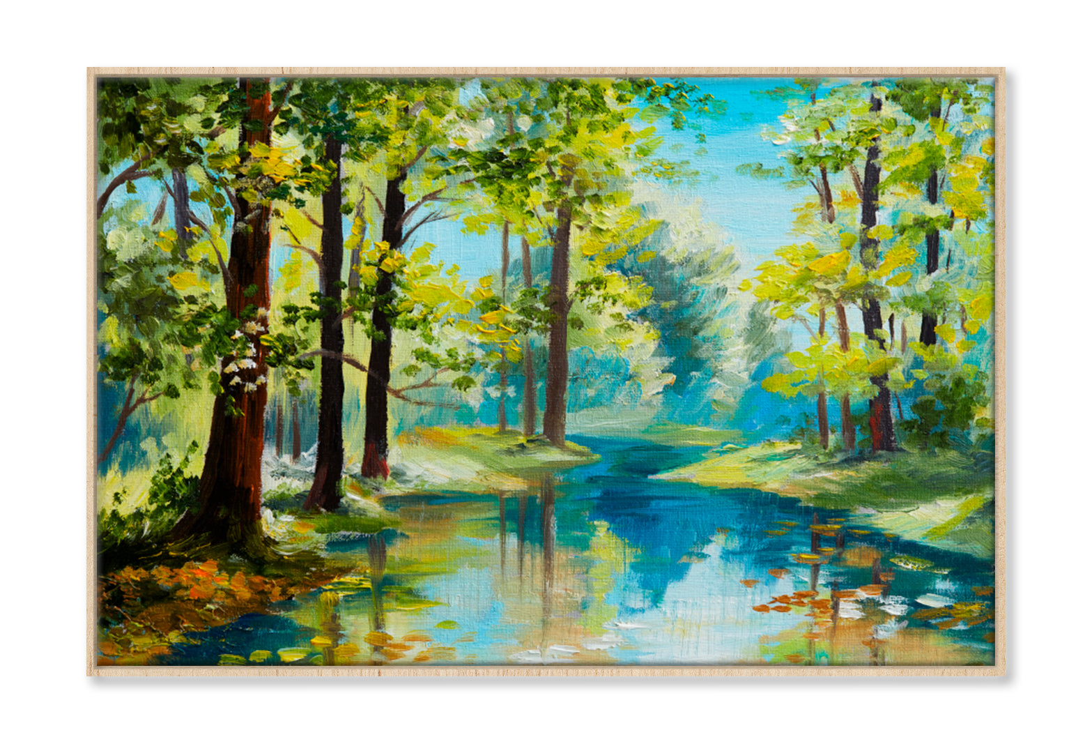 River In The Forest, Summer Day Oil Painting Wall Art Limited Edition High Quality Print Canvas Box Framed Natural