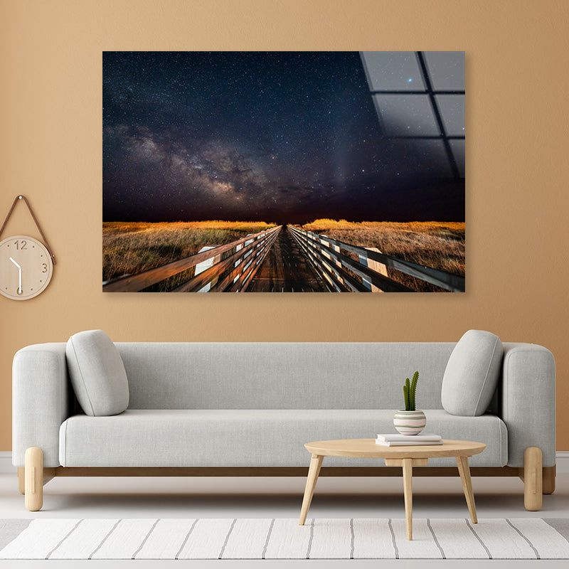 Wooden Bridge across a Meadow under a Starry Sky Acrylic Glass Print Tempered Glass Wall Art 100% Made in Australia Ready to Hang