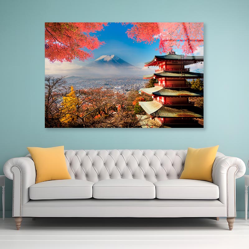 Mt. Fuji With Fall Colors in Japan Acrylic Glass Print Tempered Glass Wall Art 100% Made in Australia Ready to Hang