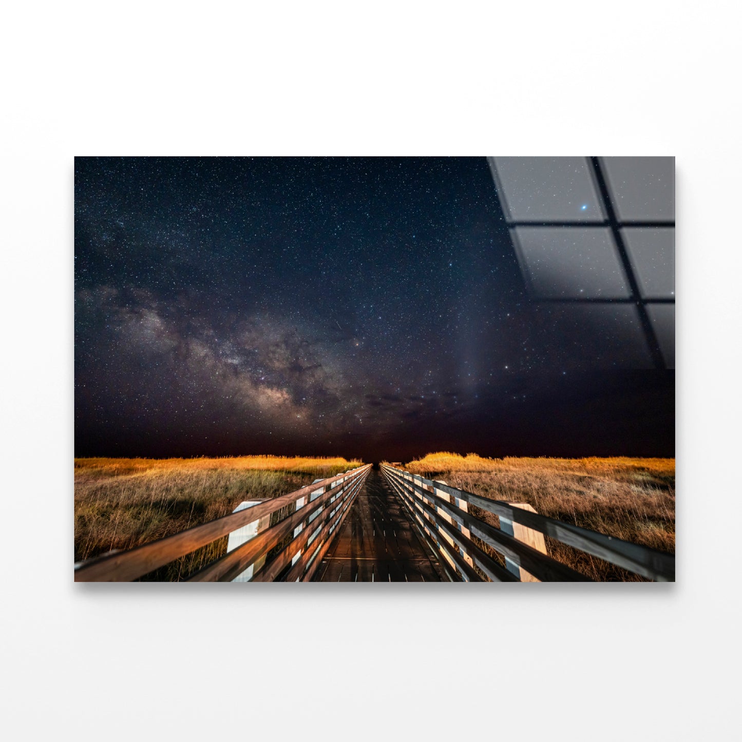 Wooden Bridge across a Meadow under a Starry Sky Acrylic Glass Print Tempered Glass Wall Art 100% Made in Australia Ready to Hang