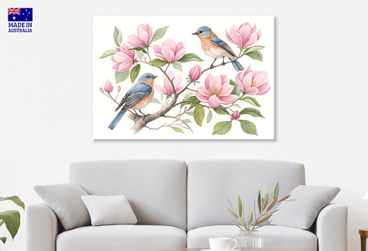 Watercolor Spring Birds and Pink Magnolia Flowers Wall Art Decor 100% Australian Made
