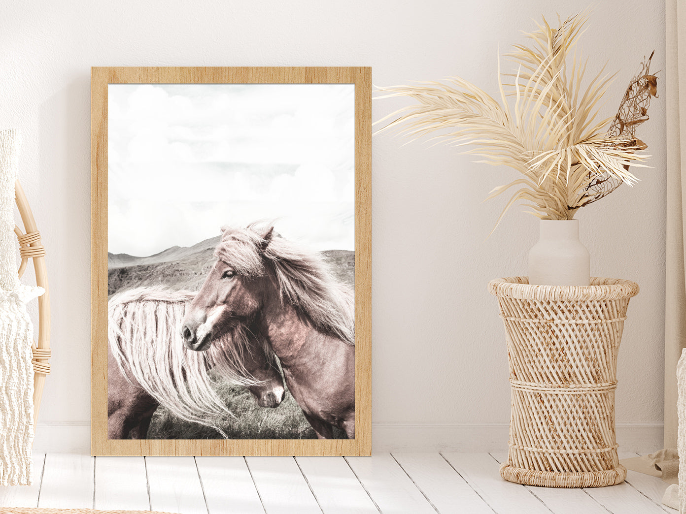 Faded Horse Closeup Side View Photograph Glass Framed Wall Art, Ready to Hang Quality Print Without White Border Oak