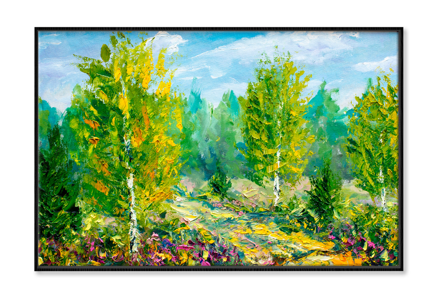 Green Trees & Bright Nature Summer Landscape Oil Painting Limited Edition High Quality Print Canvas Box Framed Black