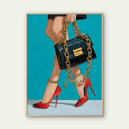 Women Red High Heels Golden Chain and Handbag Fashion Home Decor Premium Quality Poster Print Choose Your Sizes