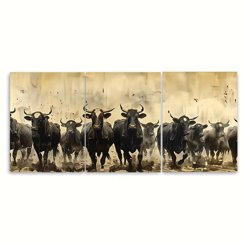3pcs Vintage Cattle Stampede Animals Metal Print Ready to Hang Art