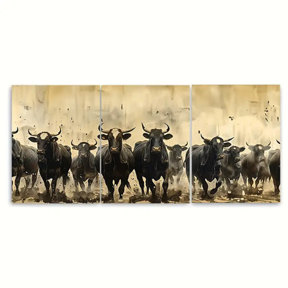 3pcs Vintage Cattle Stampede Animals Metal Print Ready to Hang Art