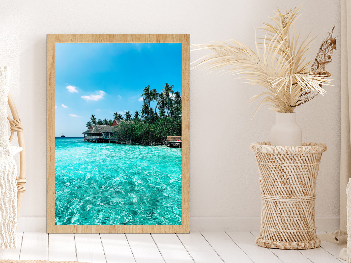 Indian Ocean & Villa Beach Photograph Glass Framed Wall Art, Ready to Hang Quality Print Without White Border Oak