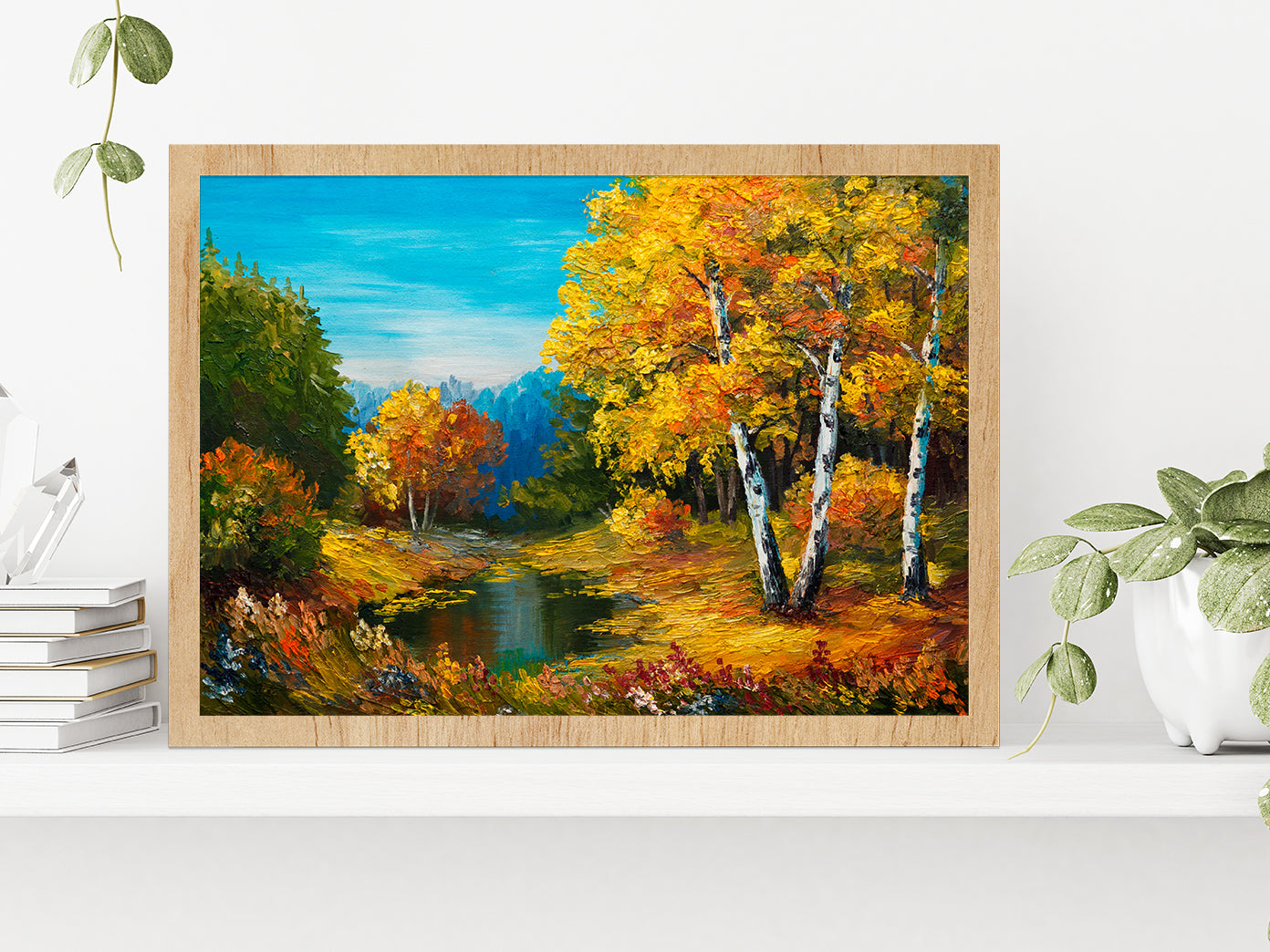 The River In Autumn Forest & Sunset Painting Glass Framed Wall Art, Ready to Hang Quality Print Without White Border Oak