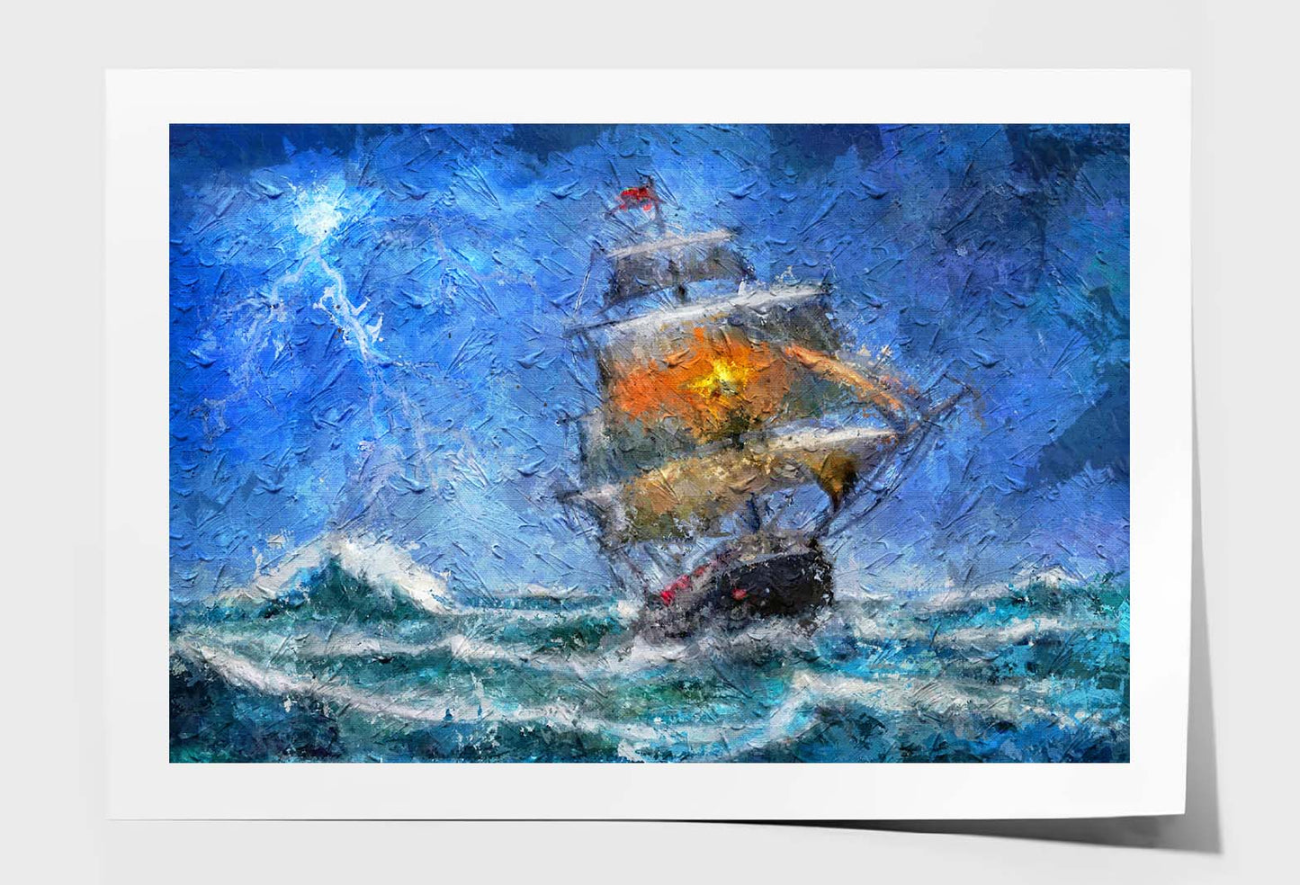 Pirate Ship Navigating During a Storm. Thunder, Rain Big Waves on the Ocean Wall Art Limited Edition High Quality Print