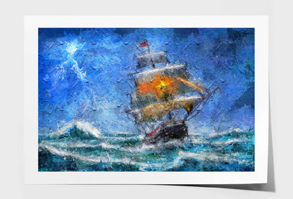 Pirate Ship Navigating During a Storm. Thunder, Rain Big Waves on the Ocean Wall Art Limited Edition High Quality Print