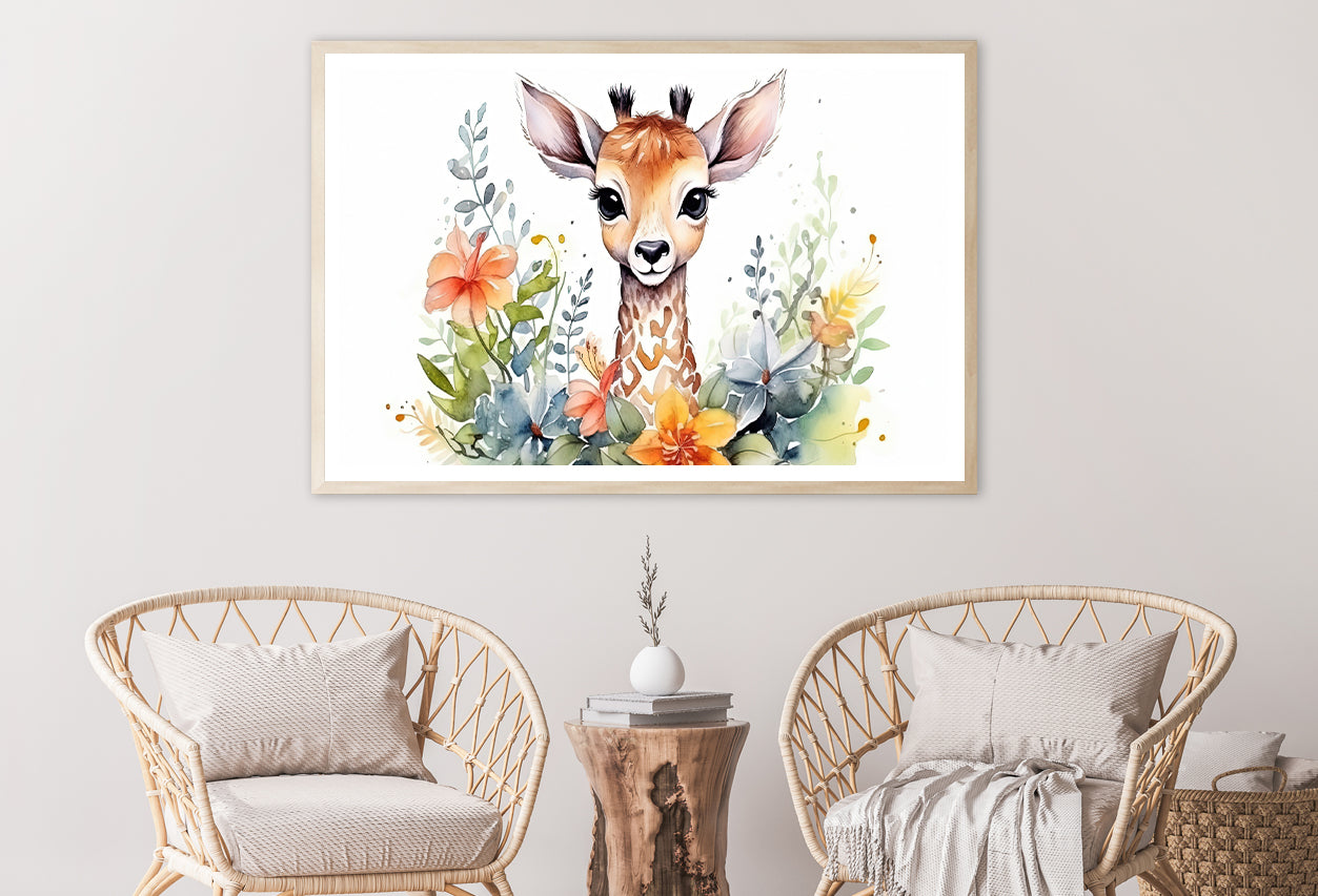 Baby Giraffe in Flower Blossom Garden Home Decor Premium Quality Poster Print Choose Your Sizes