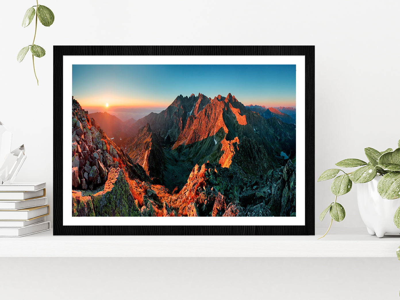 Mountain Sunset From Peak Glass Framed Wall Art, Ready to Hang Quality Print With White Border Black