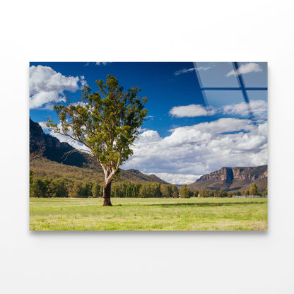 A Cloudy Sky and Mountains with Grass and Meadows Acrylic Glass Print Tempered Glass Wall Art 100% Made in Australia Ready to Hang